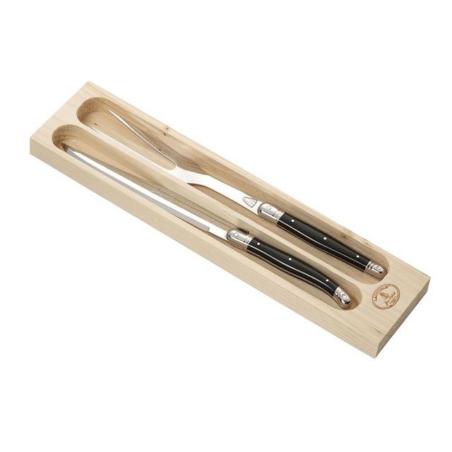 Jean Dubost Laguiole 2-Piece Carving Set, Black Handles - Rust-Resistant Stainless Steel - Includes Wooden Tray - Made in France