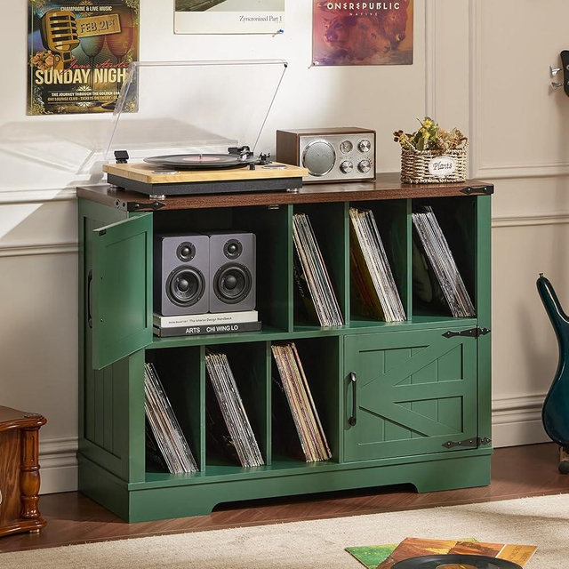 Joaxswe Large Record Player Stand with Vinyl Storage Up to 450 Albums, 39 Inch Farmhouse Wood Green Vinyl Records Storage Cabinet with Barn Doors, Mid-Century Accent Turntable Stand for Living Room