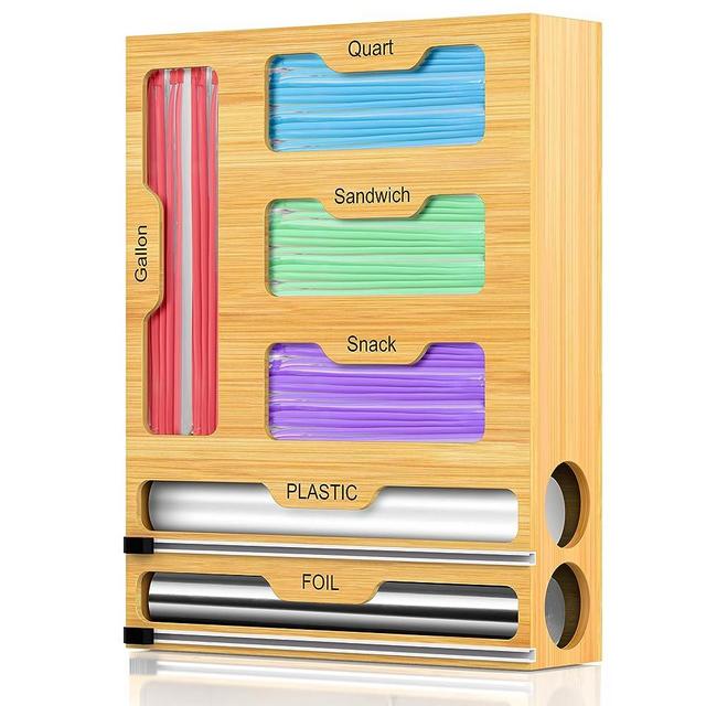 Lawmoliw Ziplock Bag Storage Organizer for Kitchen Drawer, 6 in 1 Foil and Plastic Wrap Dispenser with Cutter, Bamboo Zip Lock Plastic Bag Baggie Organizer for Gallon, Quart, Sandwich, Snack