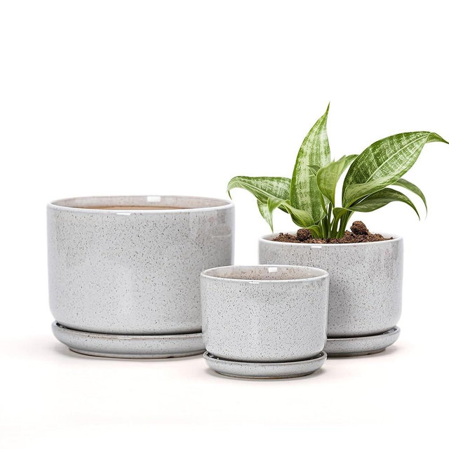 Ton Sin Plant Pots, 4.1+5.1+6.5 inch, Set of 3, Ceramic Planters with Drainage Hole and Saucer, Indoor Flower Pot with Drainage Hole, Gifts for Mom(Reactive Glaze White)