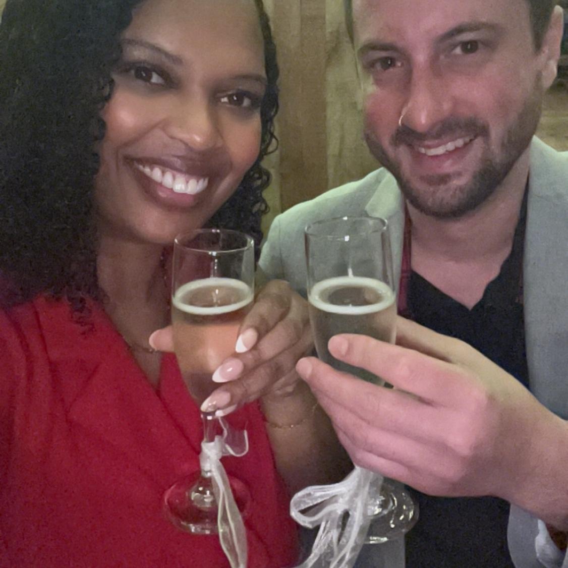 Complimentary champagne to cheers our engagement at Angus Barn🥂