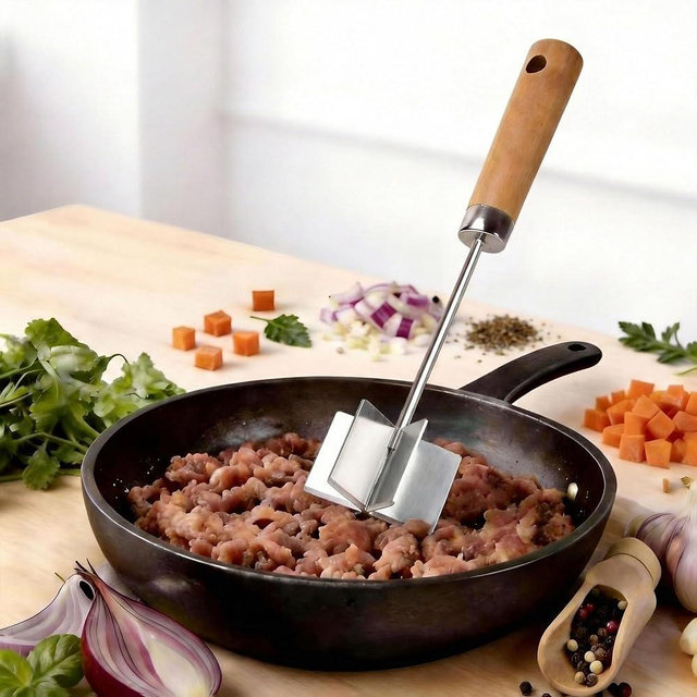 304 Stainless Steel Meat Chopper Meat Masher, 6 Curved Blades 10.5 Inch Ground Beef Chopper Tool, Hamburger Smasher, Potato Masher Durable Multi-Purpose Kitchen Tool
