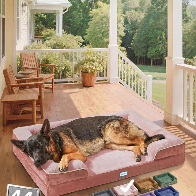 OhGeni Orthopedic Dog Bed Couch Big Cat Sofa for Extra Large Sized Pets with Memory Foam, Machine-Washable Waterproof Removable Cover, Soft Comfortable Fabric, 44-inch (Pink)