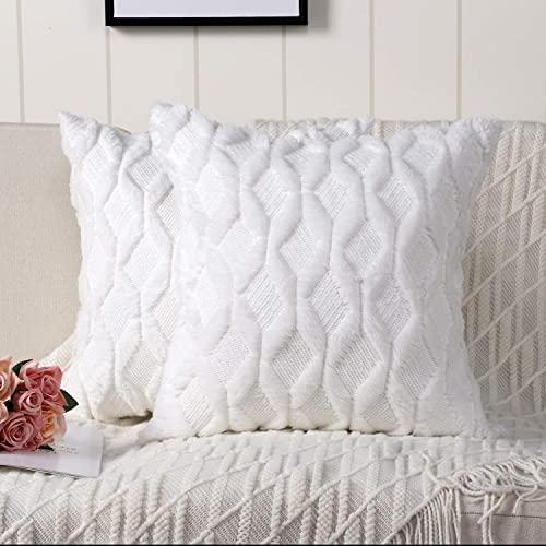 Madizz Pack of 2 Soft Plush Short Wool Velvet Decorative Throw Pillow Covers Luxury Style Cushion Case Pillow Shell for Sofa Bedroom Square White 20x20 inch
