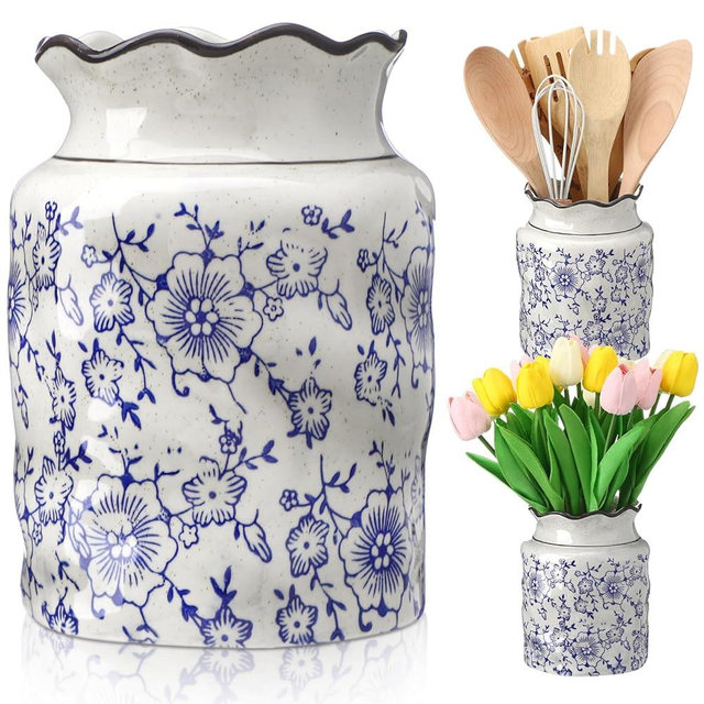 LemonRoad Chinoiserie Floral Ceramic Utensil Holder Blue and White Floral Cooking Utensil Crock with Scalloped Edge Vintage Chinese Style Organizer Vase Decor for Kitchen Countertop Housewarming Gift