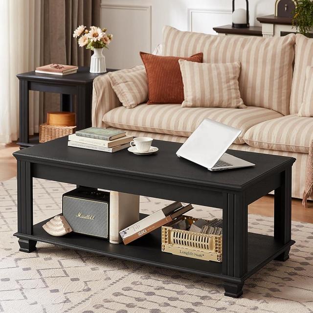 SAVOR LIFE Farmhouse Coffee Tables for Living Room,Square Tea Table with Open Storage Shelf,Large Coffee Table,Rustic Wooden Center Table,Black