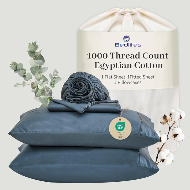 Bedlifes Egyptian Cotton Sheets 1000 Thread Count Queen Size, 4-Piece 16" Deep Pocket - Cooling & Breathable Ultra Soft Bedding for Hotel Comfort (Lake Blue)