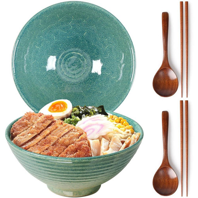 NUTRIUPS 8 Inch Ceramic Ramen Bowl Set of 2 Pho Bowls 40oz Japanese Noodle Udon Soup Bowls with Spoons and Chopsticks (Ice Crack Green)