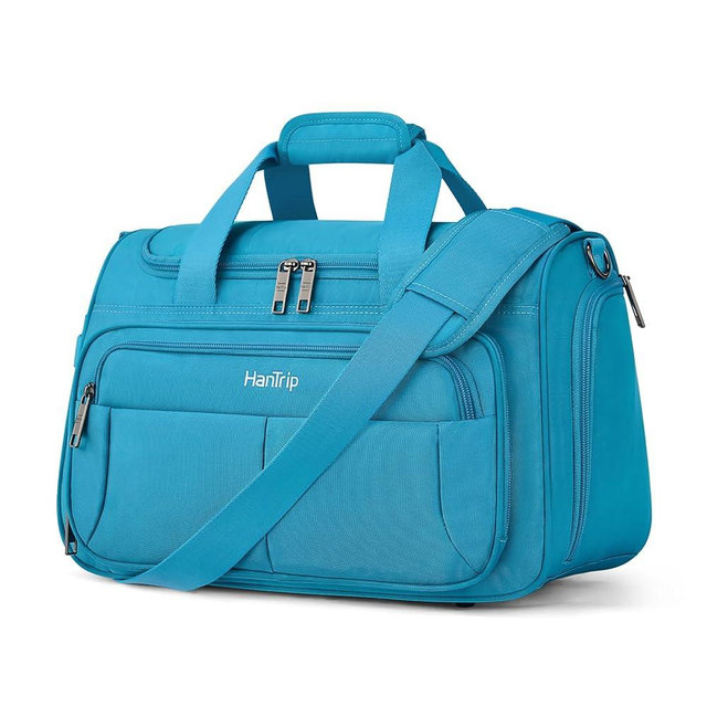 HanTrip Carry on Duffel Bag Foldable Duffle Bags for Travel, Under Seat Personal Item Bags for Airplanes, Weekender Overnight Mens Travel Tote Bag for Women Softside Carry on Luggage (Caribbean Blue)