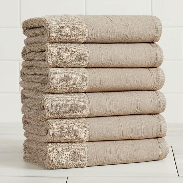 Great Bay Home Light Grey Bath Towel Set - Ultra-Soft 100% Cotton, Linen Like Border Design - 6 Hand Towels (28" x 16") - Absorbent, Quick-Dry, Lightweight Bathroom Towels