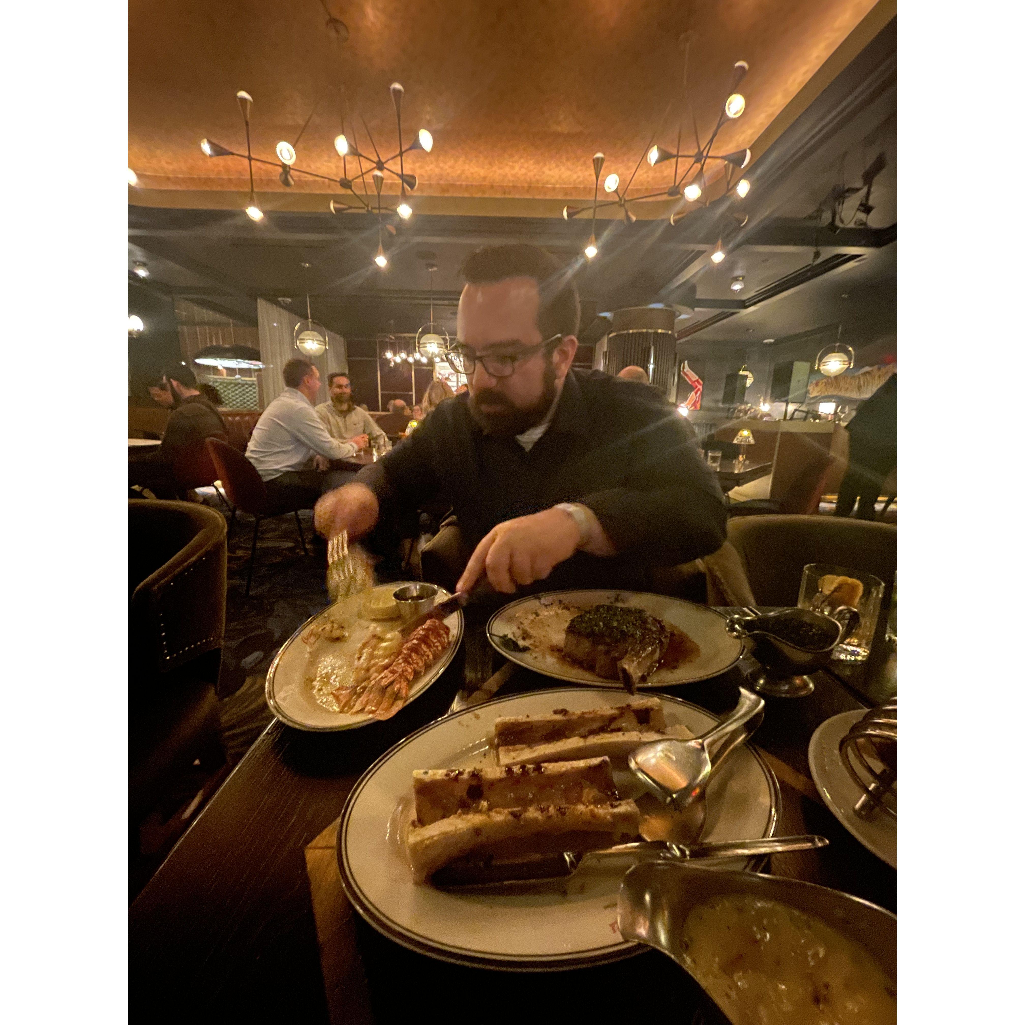 Celebrating our engagement with a very indulgent steak and lobster dinner in Downtown Las Vegas.