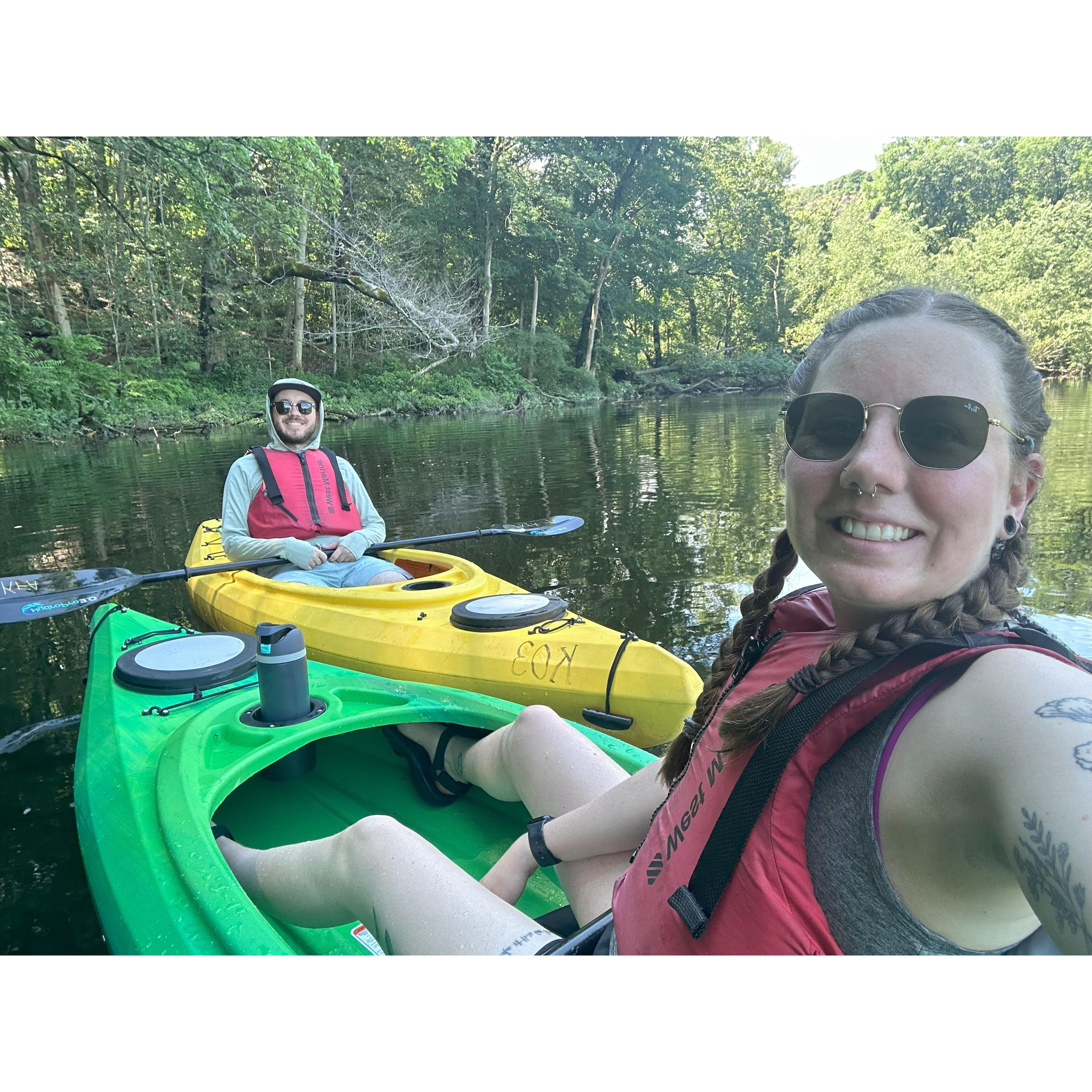 Callie and Marc kayaking on the Mill River, just a couple blocks from their house in New Haven!