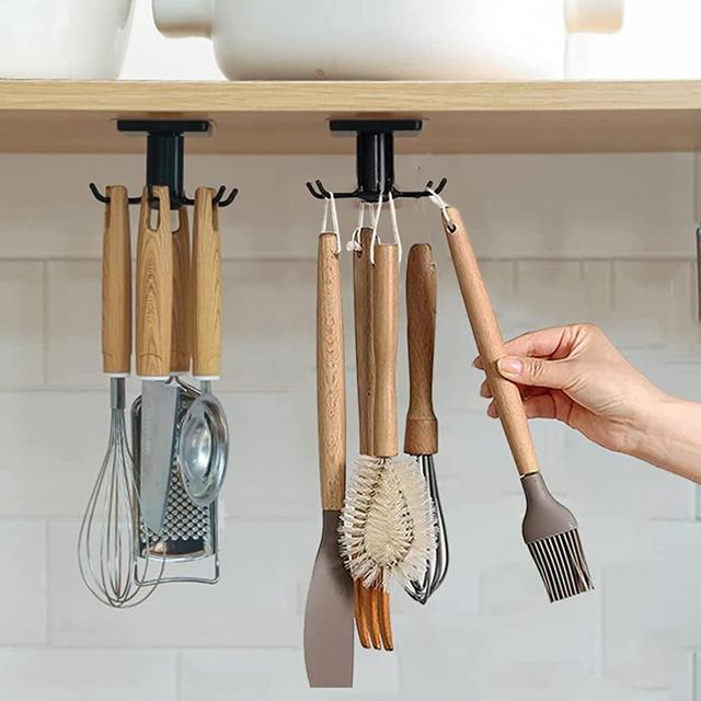 2pcs Under Cabinet Kitchen Utensil Hooks,360° Rotating Kitchen Utensil Rack,Drilling Free Adhesive Kitchen Utensils Hanging Rack for Kitchen Utensils/Tools/Towel/Knife(Black)