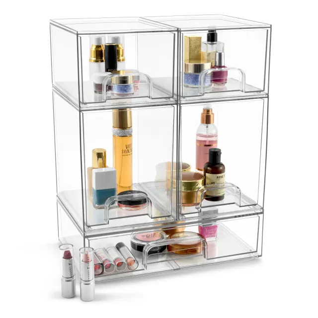 Stackable 5 Piece Clear Pull-Out Storage Drawer Containers - for Countertops, Cabinets, or Under-Sink Areas
