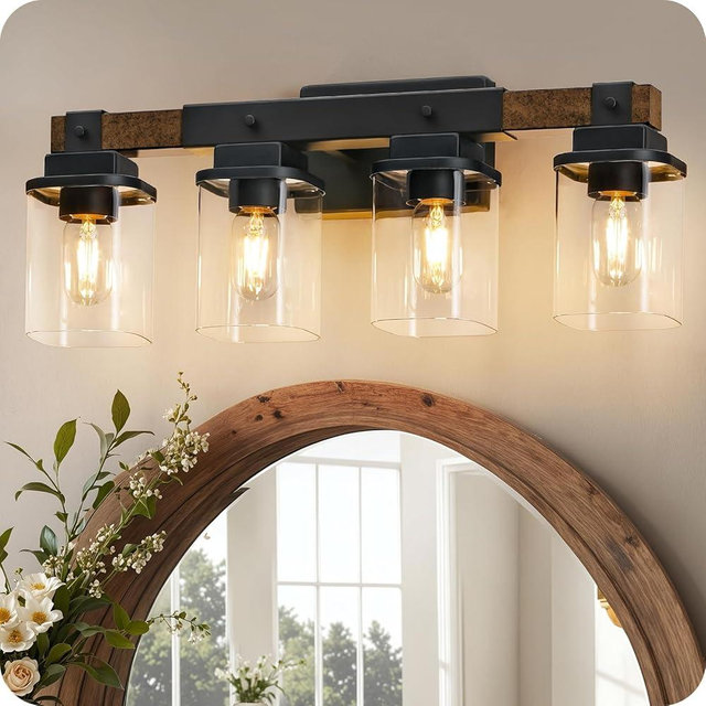 GOEBLESON 4-Light Bathroom Light Fixtures, Farmhouse Vanity Lights for Bathroom with Glass Square Shade, Rustic Vanity Lights, Sconce Wall Light, E26 Base (Bulbs Not Included), ETL Listed FS09BD05