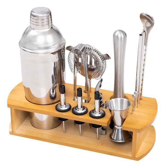 Cocktail Shaker Set Bartender Kit with Stylish Bamboo Stand 16 Piece Barware Mixing Tools, Bartending Kit Gift Set For Home Bar Party, Stainless Steel