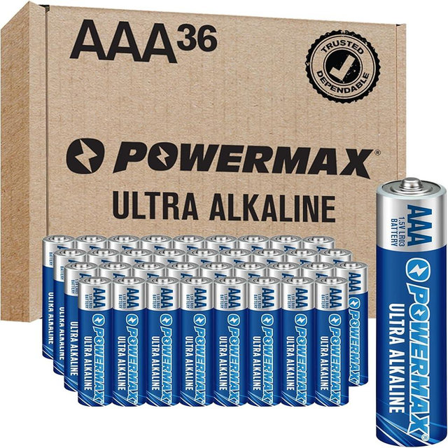 Powermax 36-Count Triple AAA Batteries, Ultra Long Lasting Alkaline Battery for Home and Office, 10-Year Shelf Life, Reclosable Packaging