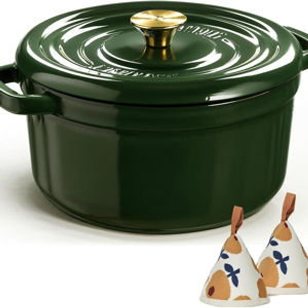 MOSS GREEN Overmont Enameled Cast Iron Dutch Oven - 5QT Pot with Lid Cookbook & Cotton Potholders - Heavy-Duty Cookware for Braising, Stews, Roasting, Sourdough Baking moss
