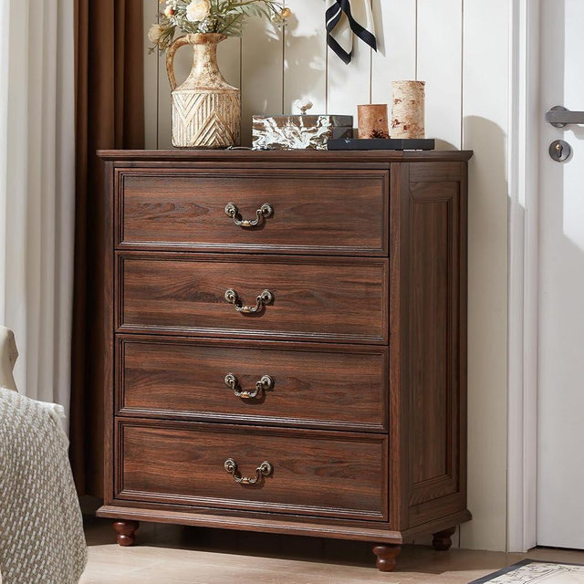Joaxswe Farmhouse 4 Drawer Dresser for Bedroom, 37" Tall Rustic Chests of Drawers w/ 4 Solid Wood Feet, Mid Century Modern Wooden Closet Storage Dressers Organizer for Living Room, Hallway, Brown