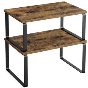 SONGMICS Cabinet Organizer Shelf, Set of 2 Kitchen Counter Shelves, Kitchen Storage, Spice Rack, Stackable, Expandable, Metal and Engineered Wood, Ink Black and Rustic Brown UKCS020X01