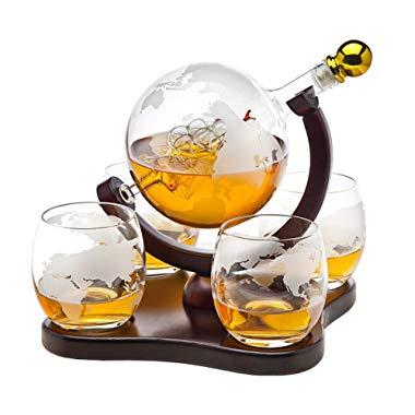 Whiskey Decanter Globe Set with 4 Etched Globe Whisky Glasses - for Liquor, Scotch, Bourbon, Vodka - 850ml