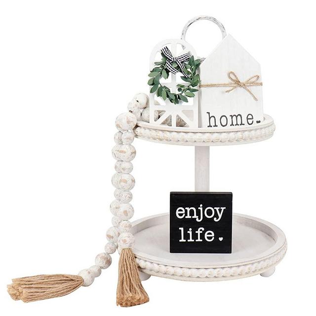GENMOUS & CO. 2 Tiered Beaded Serving Tray Wooden Farmhouse Decorative with 3pcs Tiered Tray Decor Signs and 1pc Wood Bead Garland for Country Rustic Dinning Entryway Coffee Table Tray (White Washed)