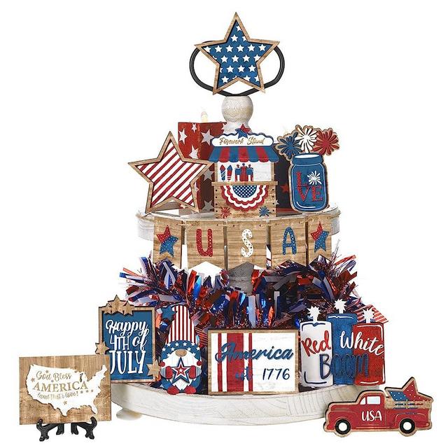 15 Pcs 4th of July Tiered Tray Decor Wood Patriotic Decorations Independence Day Star Mini Sign Gnome Firework Table Decor Red White Blue Items Farmhouse American Flag Memorial Day Decor for Home