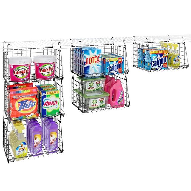 3-Tier Hanging Laundry Room Organizer：Foldable Laundry Room Organizaton Wire Shelf Basket with 360°Rotating Hooks Space Saving Over Washer and Dryer Shelves - Metal Laundry Basket Storage