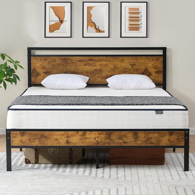 Z-hom Queen Bed Frame with Modern Wood Headboard & Footboard, Upgraded Heavy Duty Metal Sturdy Bed Frame Queen Size, Stable Platform Bed Furniture Bed Storage, No Noise, No Box Springs, Vintage Brown