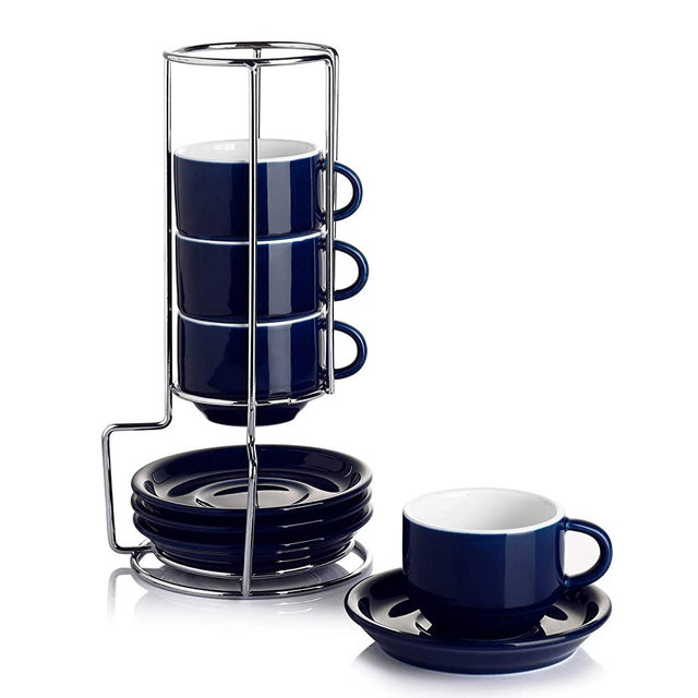 Sweese 405.403 Porcelain Stackable Espresso Cups with Saucers and Metal Stand - 4 Ounce - Set of 4, Navy