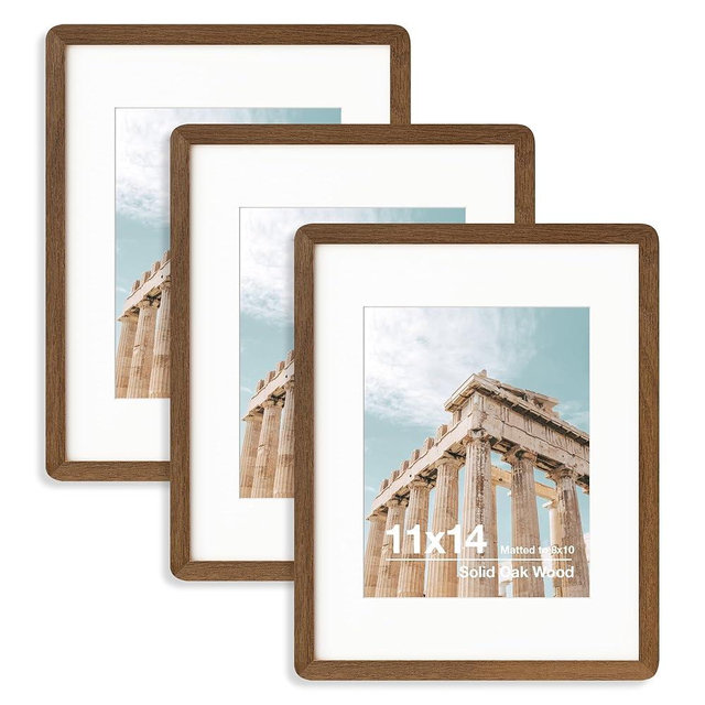 FLYJOE 11X14 Picture Frame | Solid Oak Wood 11X14 Picture Frame With Mat For 8X10 | 11X14 Poster Frame | Plexiglas And Hanging Hardware Included | 11 By 14 Picture Frame Wood (Walnut, 3 Packs)