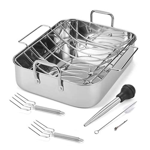 WEZVIX Stainless Steel Roasting Pan with Rack, 16.5 Inch Rectangular Turkey Roaster Lasagna Pan for Roasting Turkey, Chicken, Meat & Vegetables, Non-toxic & Heavy Duty, Easy Clean & Dishwasher Safe