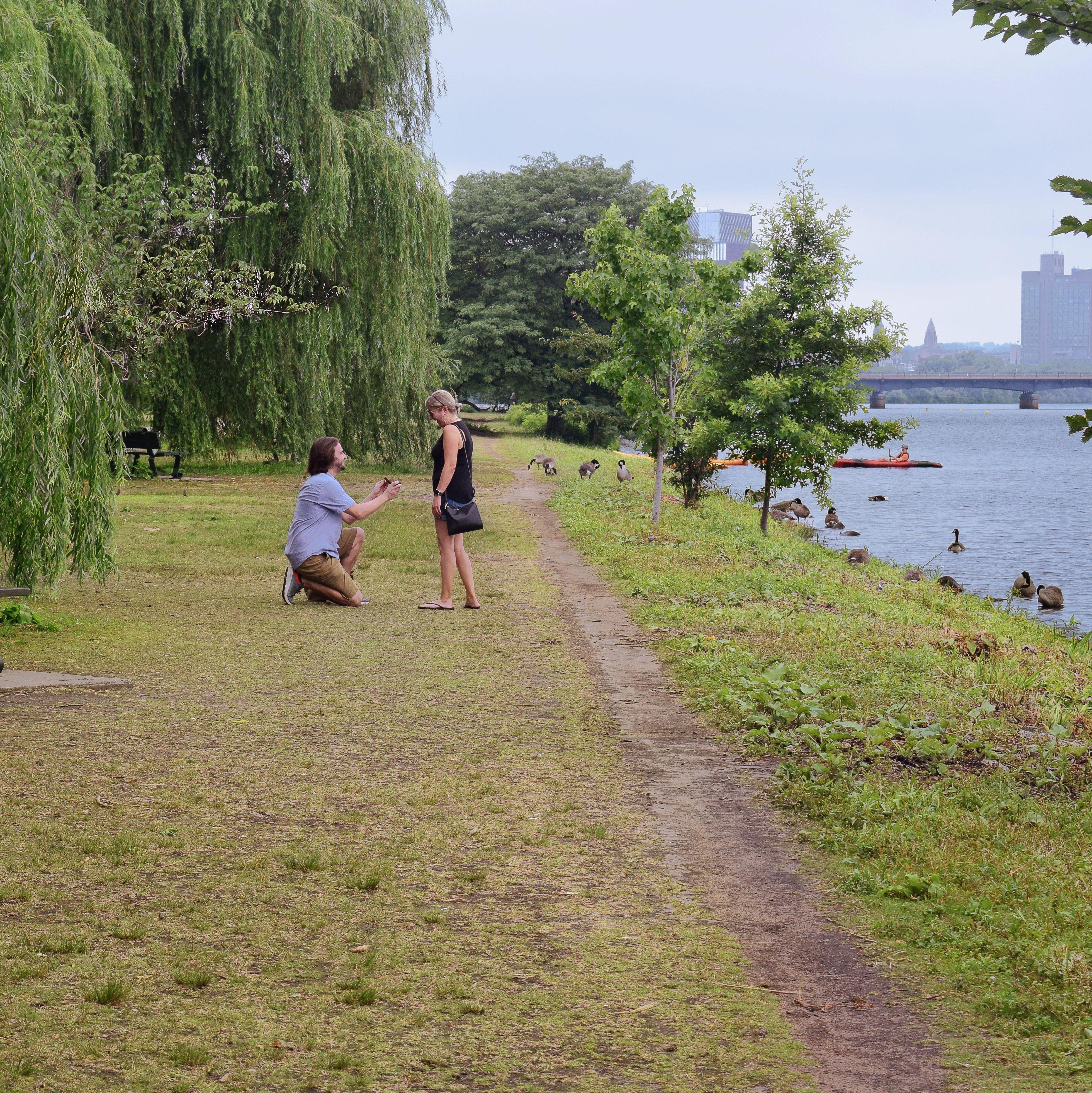 Saying "yes" on the Charles River Esplanade in Boston.