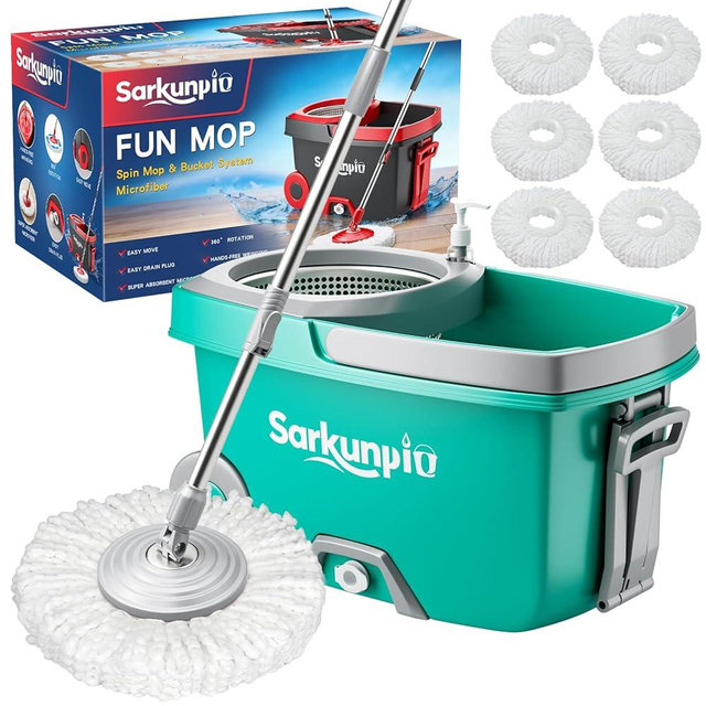 Sarkunpio Mop and Bucket Set with Wringer, Spin Mop Floor Cleaning System with 6 Replacement Microfiber Heads & 61" Extra-Long Handle for Home Floor, Blue