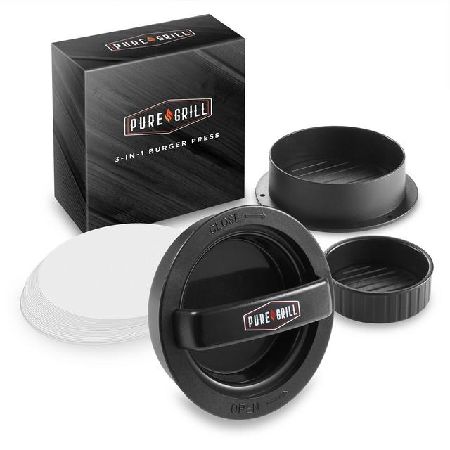 Pure Grill 3-in-1 Burger Press with 100 Wax Papers for Grilling Stuffed Hamburgers, Patties, and Sliders