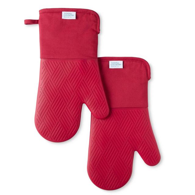 TOWN & COUNTRY BASICS Basketweave Soft Silicone Oven Mitt 2-Pack Set, Heat Resistant up to 500F, Flexible Silicone, Non-Slip Grip, Red, 7.5"x13"