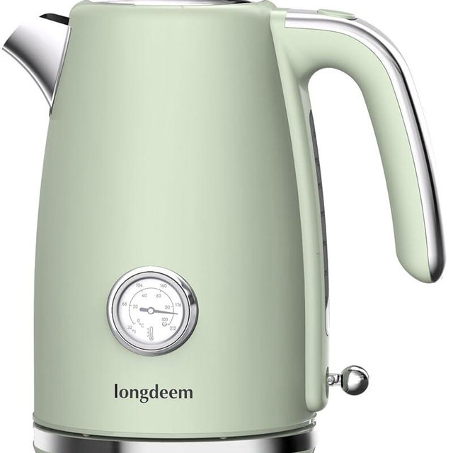 Electric Tea Kettle for Boiling Water, Wide Open Lid, Retro Green Stainless Steel with Thermometer, 1500W/1.7L for Coffee/Tea Brewing, Auto Shut Off & Boil Dry Protection, Cordless Swivel Base, Green