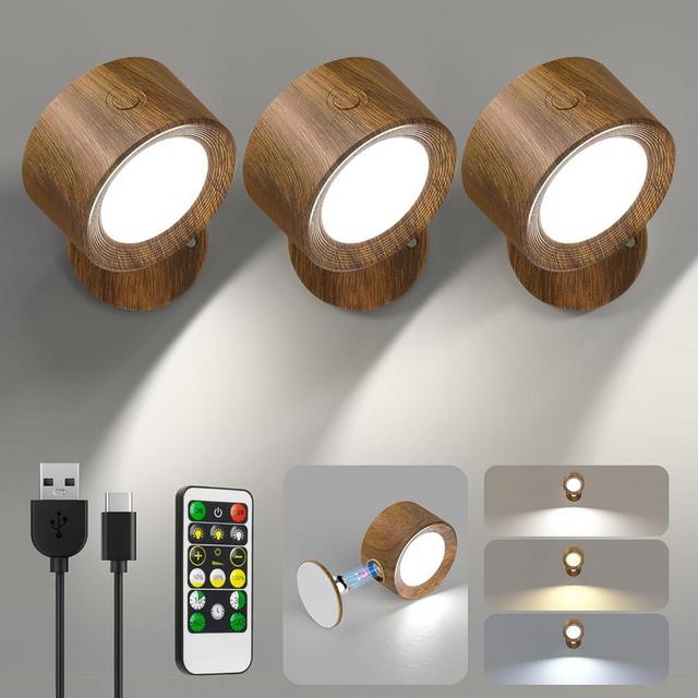 Lightbiz LED Wall Lights, Wall Sconces 3 Pcs with Remote Rechargeable Battery Operated, 3 Color Temperatures & Dimmable Wall Lamp Magnetic 360° Rotation Wireless Light for Bedroom Living Room