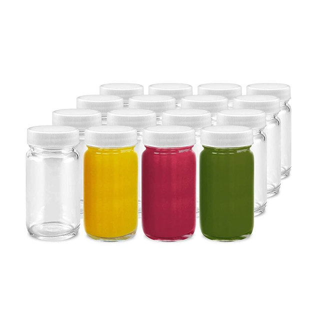 Juice Shot Bottles Set - Wide Mouth for Juicing, Beverage Storage, Liquids, 2 oz, Clear Glass with White Caps, Reusable, Leak Proof, Jars (16 pack)