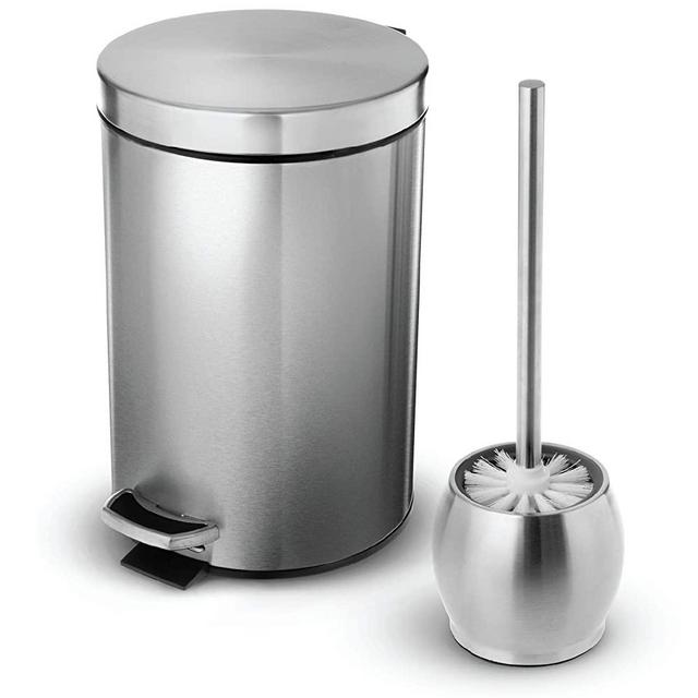 Home Zone Living 1.8 Gallon Bathroom Trash Can and Toilet Brush Combo, Stainless Steel, 7 Liter