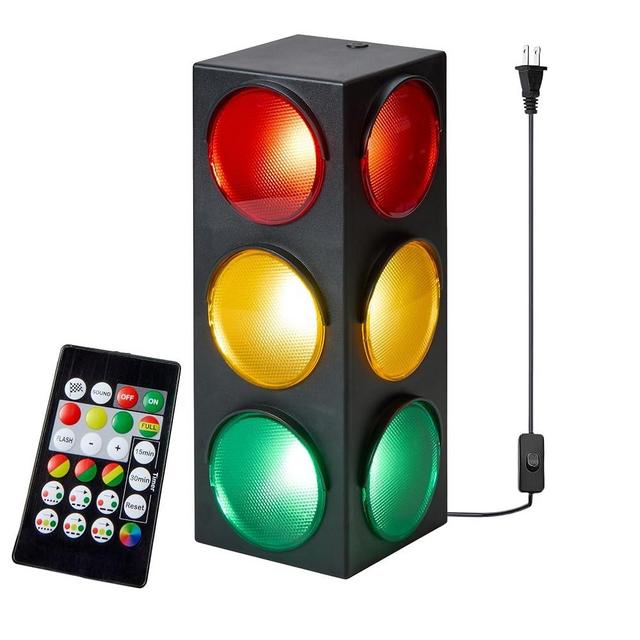 Playbees Traffic Light Lamp with Base 12.25 inches Vibrant Decoration Working w/Batteries or USB Traffic Light Blinking Modes Decoration for Kids’ Bedrooms Stop Sign Room Decor Pretend Play Toy