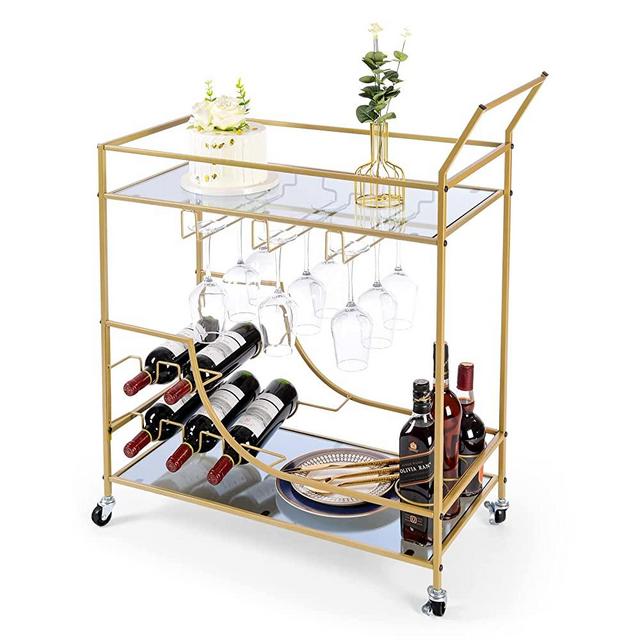 XCSOURCE Bar Carts,with 2 Curtain Wall Glass and 2 Storage Shelves,Metal Wine Cart with Glass and Bottle Holders, Serving Cart Equipped with Universal Wheel, for Kitchen, Living Room, Club, Gold