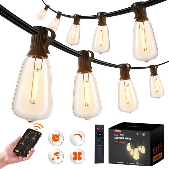 addlon 48ft Smart Outdoor String Lights with Remote, Dimmable Patio Lights with 15 Waterproof LED Bulbs, String Lights for Outside Works with APP, Music Sync Outdoor Lights for Balcony Backyard