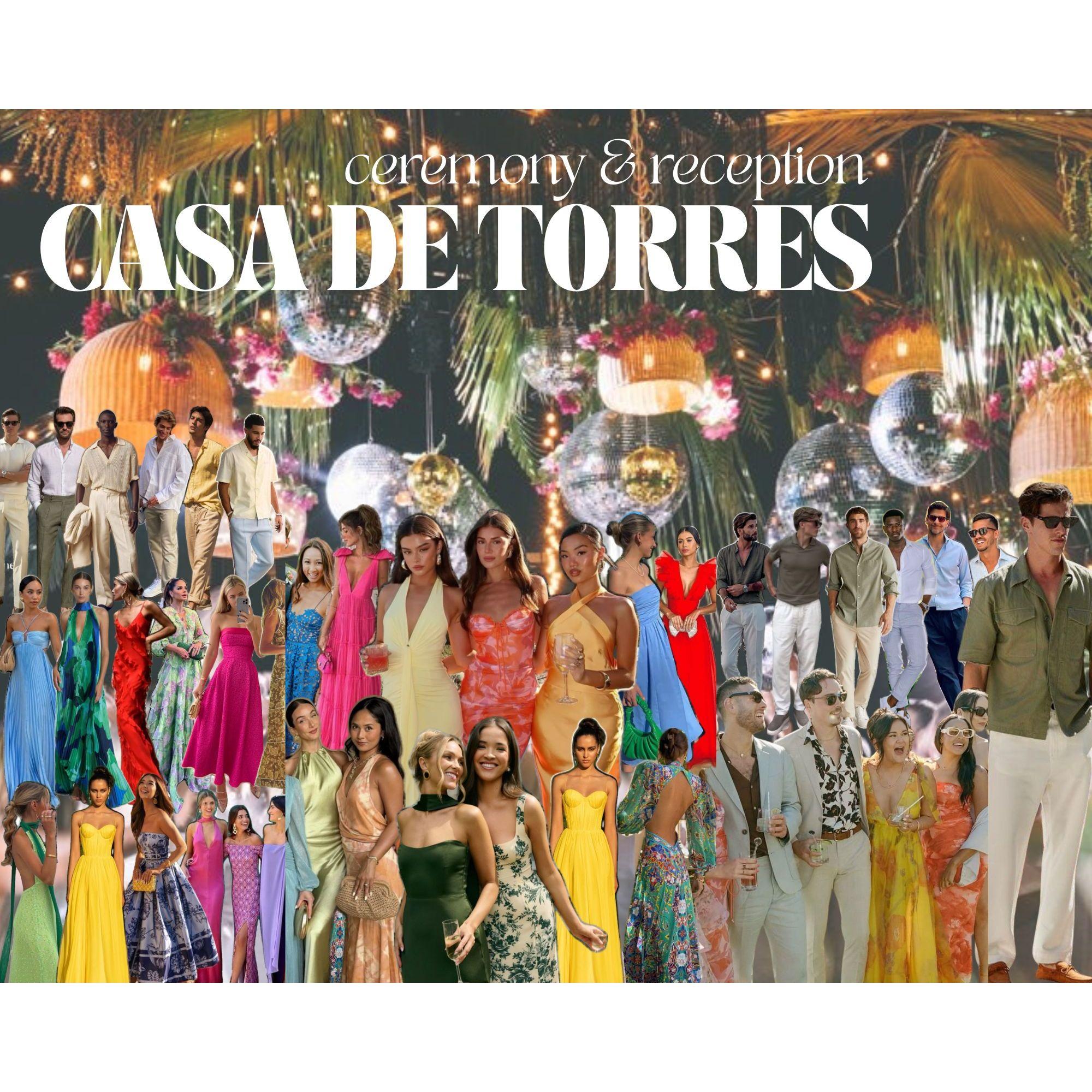 Wedding ceremony and reception Casa de Torres. Bold colors, prints & chic resortwear. Flowy dresses, linen suits, festive vibes.