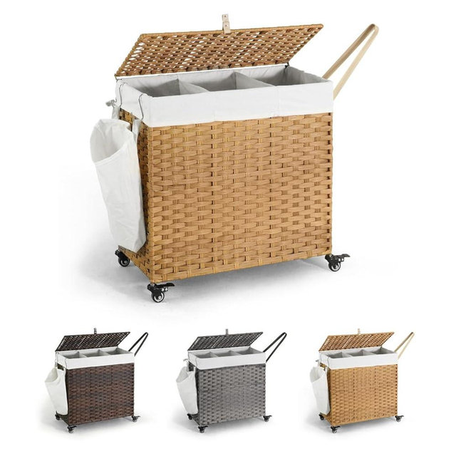CAPHAUS Handwoven Basket w/Lid for Storage & Wheels, Clothes Hamper for Laundry, Laundry Basket w/Lid, Synthetic Rattan Laundry Hamper, Removable Liner Bags, Mesh Bags, Pulling Strap, 140L, Natural