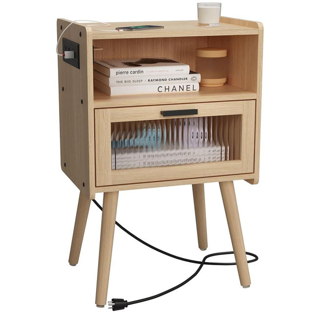 SOOWERY Mid Century Modern Nightstand with Charging Station, Bedside Tables with Glass Drawer, End Table Side Table with 2 Tiers Storage Space, for Bedroom, Living Room, Natural