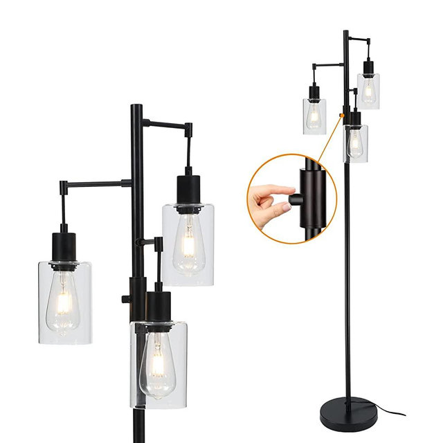 Liylan Dimmable Farmhouse Floor Lamp, Industrial Floor Lamp for Living Room Bedroom, Black 3 Lights Tree Standing Lamp, Clear Glass Tall Pole Lamp