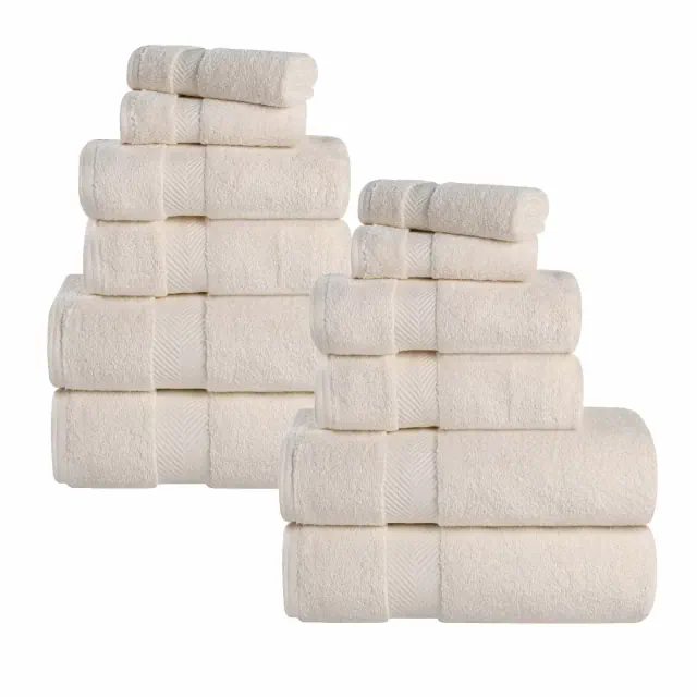 Zero Twist Cotton Solid Chevron Dobby Border Super Soft 12 Piece Assorted Bathroom Towel Set, Ivory - Blue Nile Mills