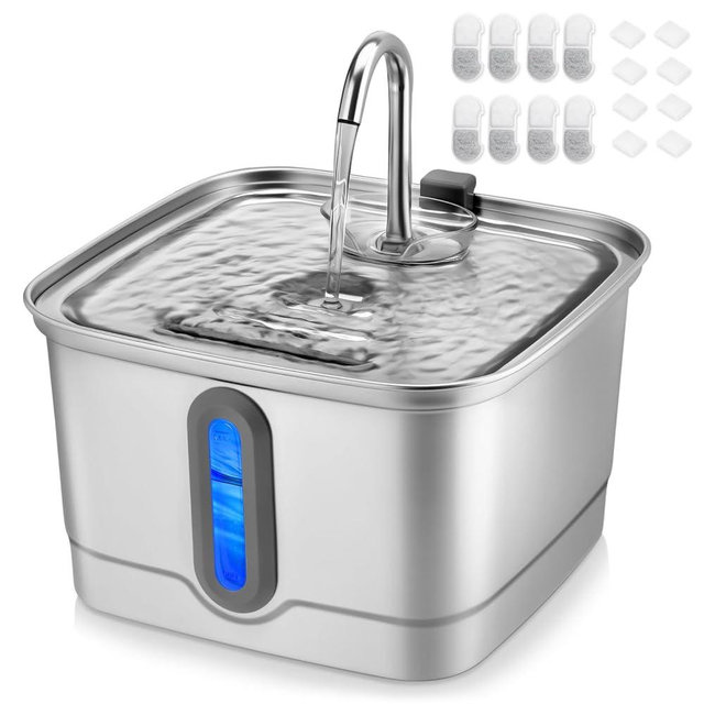 SEIRMEP Stainless Steel Cat Water Fountain, 101oz/3L Automatic Pet Water Fountain, Dog Water Fountain with Replacement Filters for Cats, Small Dogs (8 Filters and 8 Sponges)
