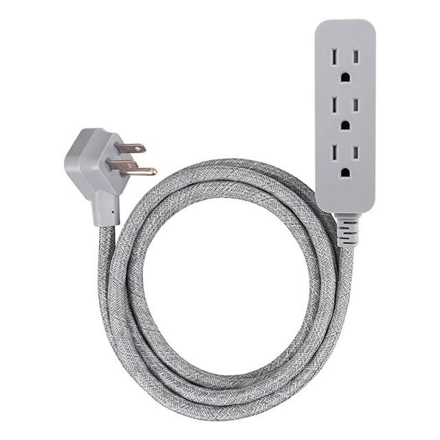 GE Pro 3 Outlet Surge Protector Power Strip, 8 ft Designer Braided Extension Cord, Flat Plug, Wall Mount, Heather Gray, 45916